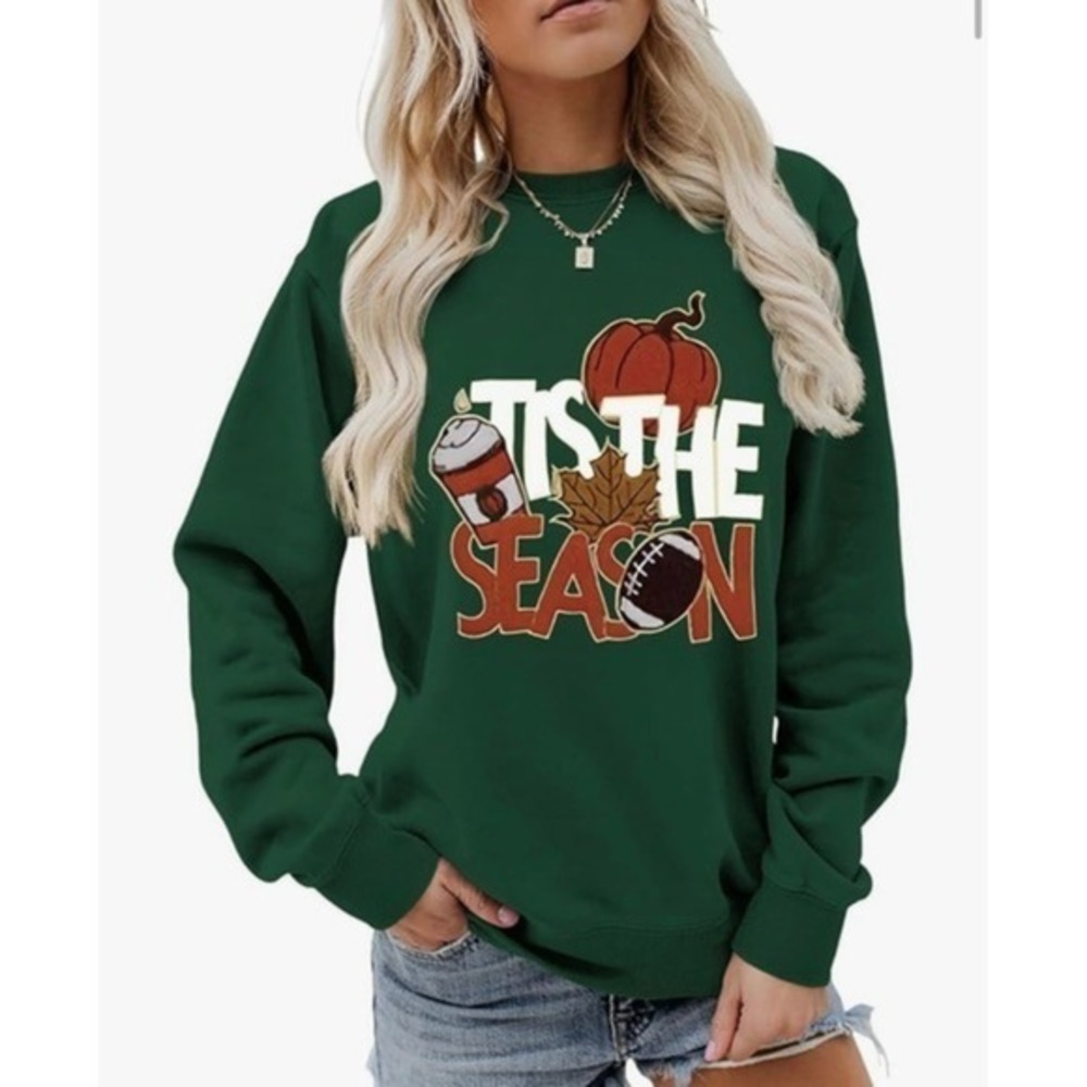 NEW Tis The Season Fall Green Women's Small Graphic Sweatshirt‎  Pumpkin